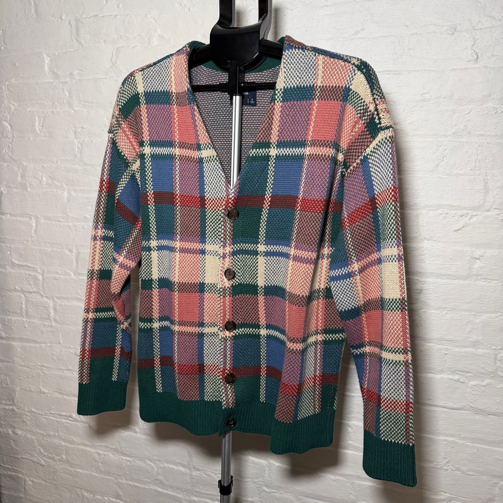 Abercrombie & Fitch Plaid Button-Up Oversized Cardigan Forest Green Rose Navy - Picture 2 of 5